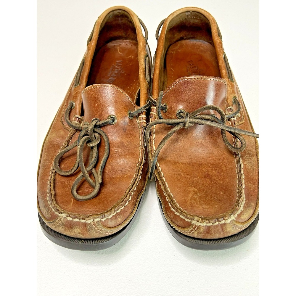 Y2K Brown Leather Men's 10D Camp Moc Loafers Boat Shoes Slip On Preppy Academia